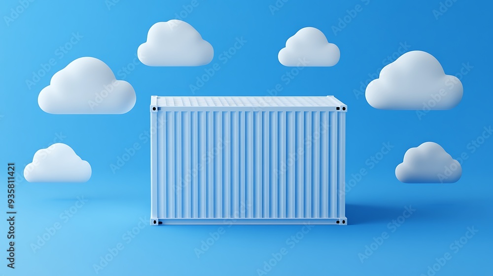 Poster modern blue shipping container on blue background with floating clouds. minimalist concept of transp
