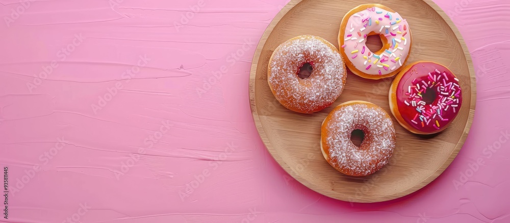 Poster top view of delightful donuts on a wooden plate celebration theme. copy space image. place for addin