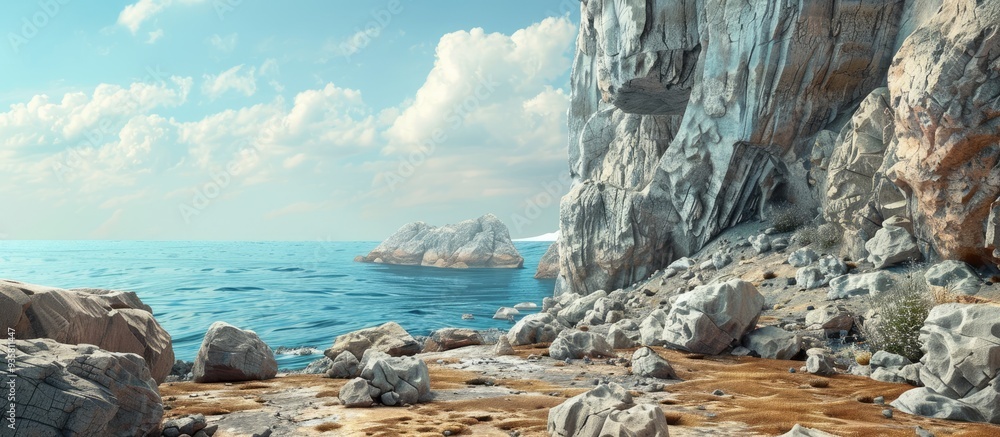 Poster landscape featuring a massive cliff and rocks at the base with a blue sea in the background. copy sp