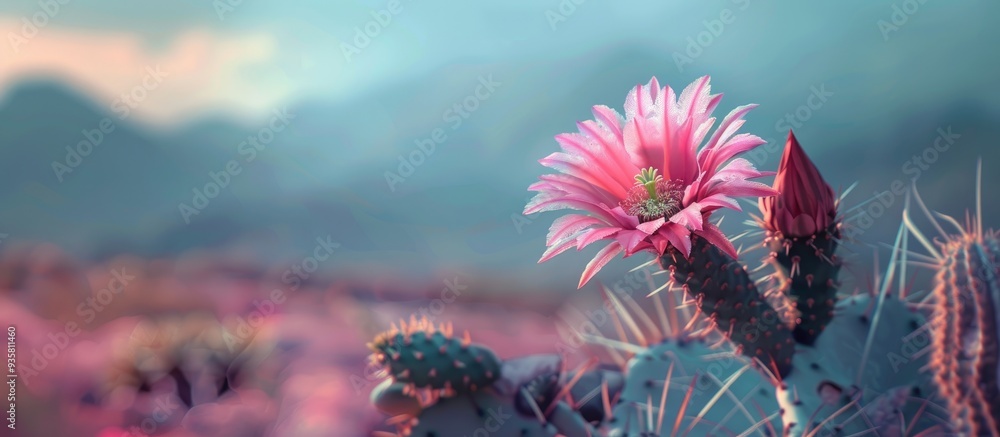 Poster exotic bloom on cactus plant. copy space image. place for adding text and design