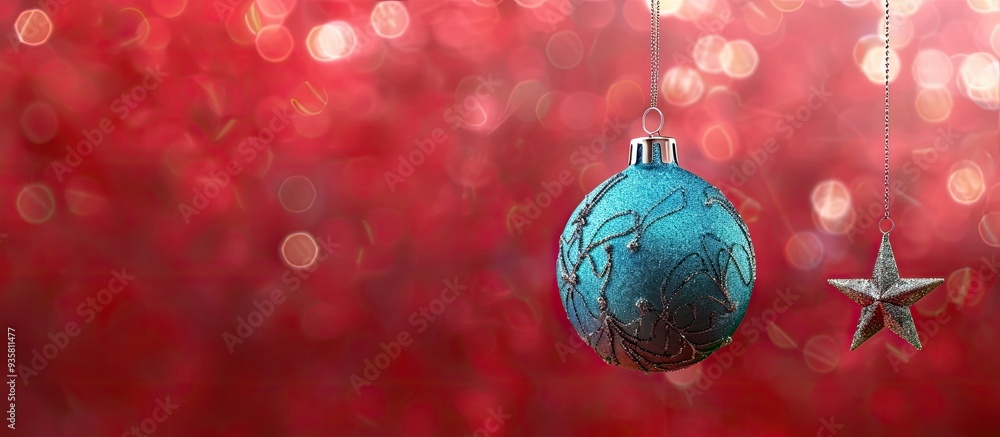Poster a blue christmas ball and a silver star are suspended against a red blurred background creating a fe
