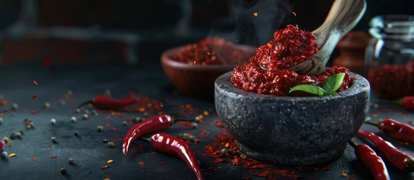 The chili paste is ready to be served directly from the mortar to enhance flavor. Copy space image. Place for adding text and design