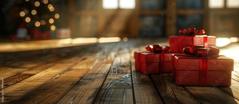 Poster christmas presents on a wooden surface. copy space image. place for adding text and design