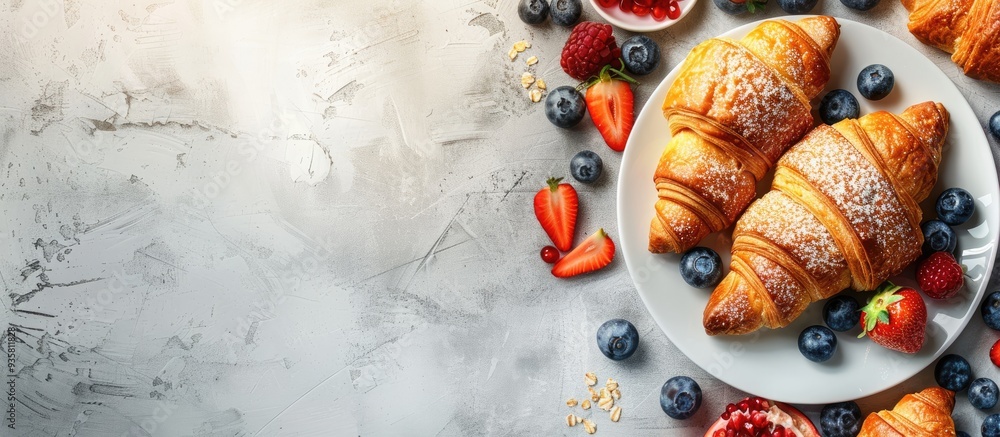 Canvas Prints Breakfast featuring croissants and fresh fruits top view. Copy space image. Place for adding text and design