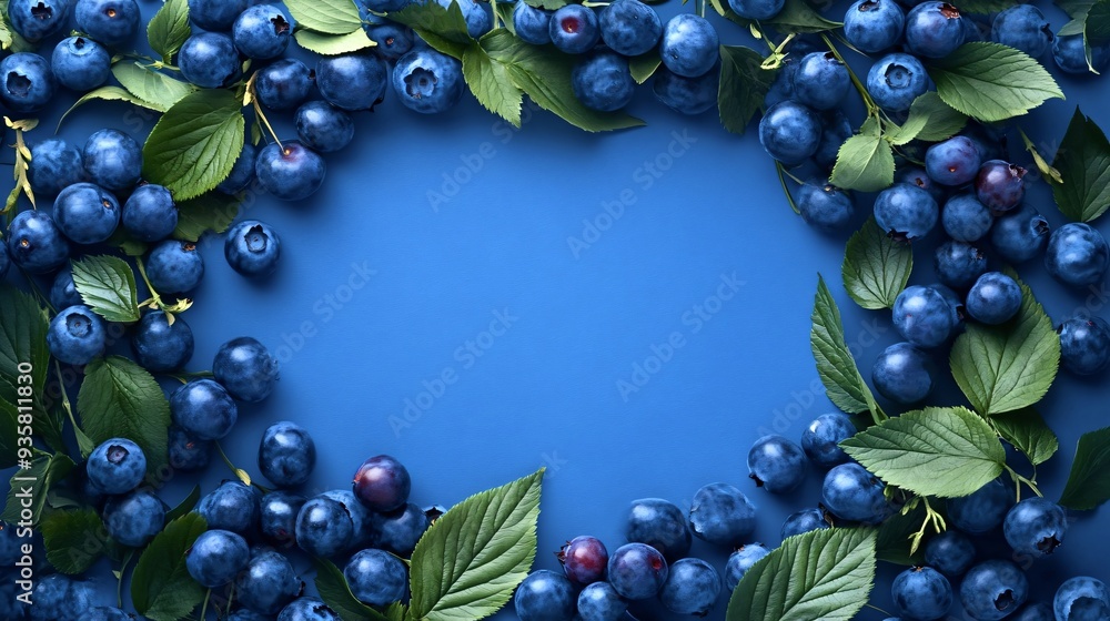 Poster fresh blueberries with leaves are making a frame on a blue background, leaving an empty space in the