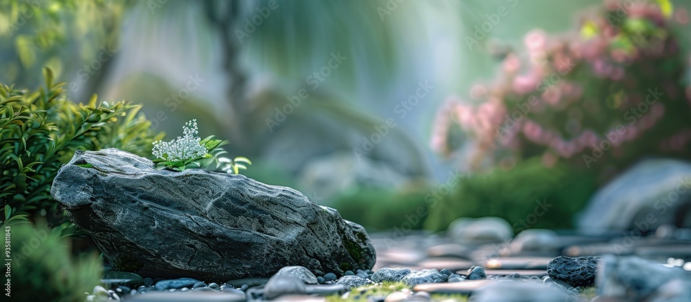 Poster close up of a rock in a zen garden. copy space image. place for adding text and design