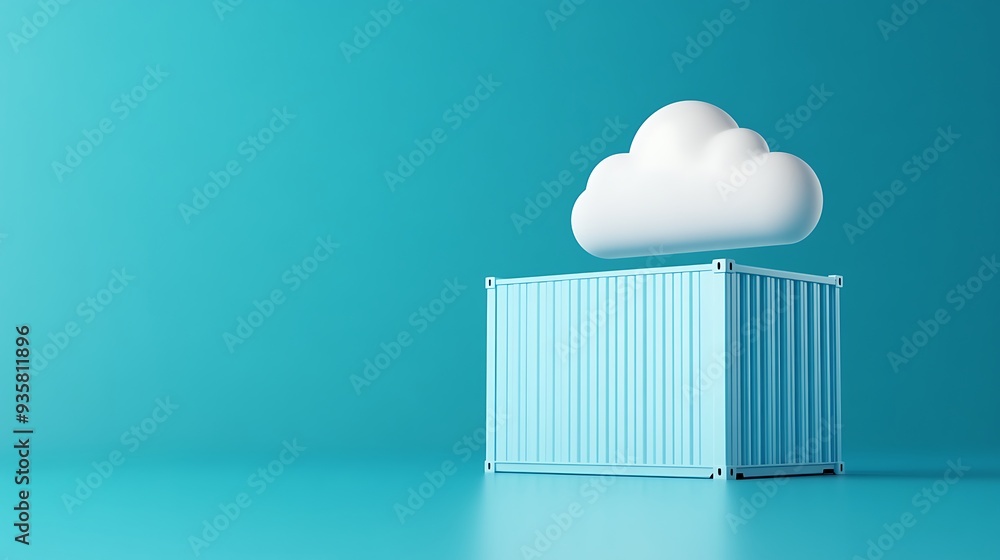 Poster modern concept of cloud computing technology with a cloud hovering over a shipping container against