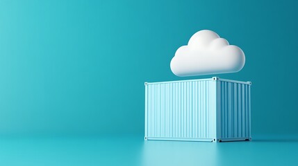 Modern concept of cloud computing technology with a cloud hovering over a shipping container against a light blue background.