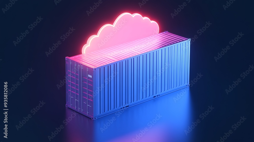 Poster modern digital representation of cloud computing with a glowing neon cloud and a blue container, sym