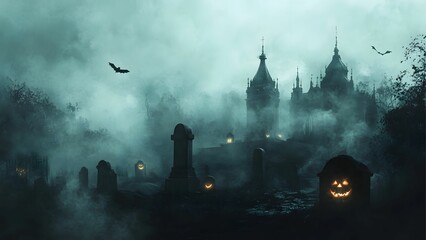 Dark gothic church in a foggy cemetery at night, surrounded by tombstones and eerie mist