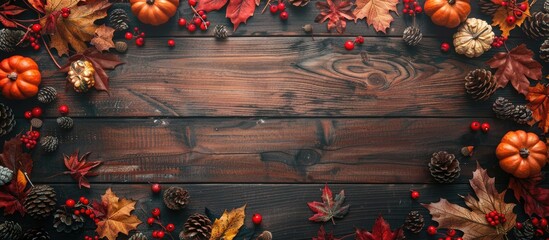 Autumn backdrop Thanksgiving festivities Rustic wooden tabletop Space for text. Copy space image. Place for adding text and design