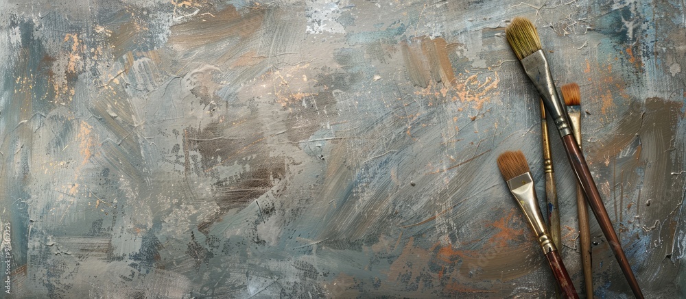 Poster paintbrushes resting on a painted surface. copy space image. place for adding text and design
