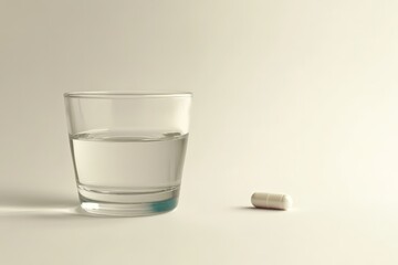 Glass of water and a single white pill on a plain background.