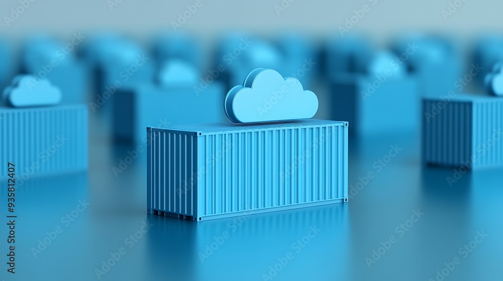 Poster multiple blue shipping containers with cloud symbols, visually representing cloud computing, storage