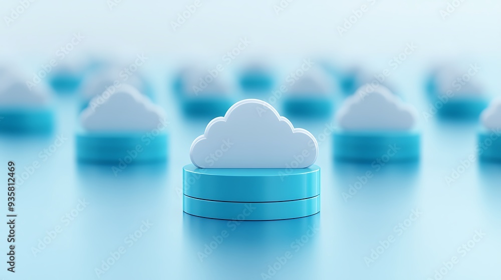 Poster multiple cloud icons on blue surface representing cloud computing, data storage, and digital technol