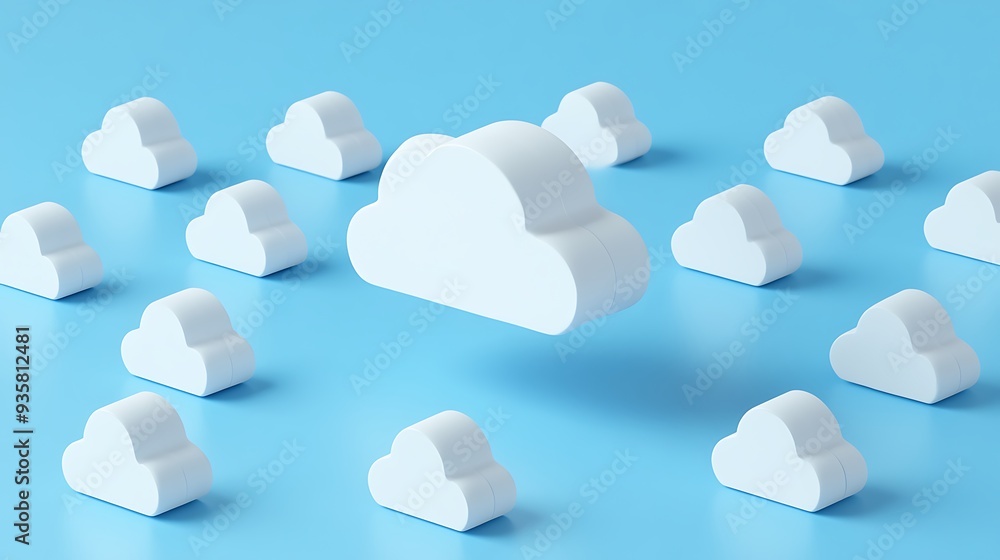 Poster multiple white 3d cloud icons on a blue background, representing cloud computing and technology conc
