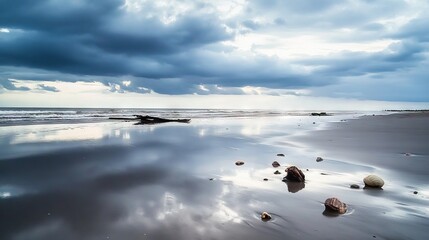 Desolate Beach at Low Tide with Reflective Wet Sand, Scattered Seashells, and Driftwood Along the Shoreline. AI generated illustration