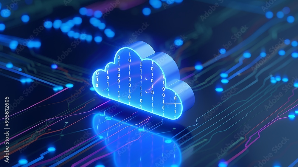 Poster neon blue cloud computing symbol on a circuit board representing modern technology and data storage 