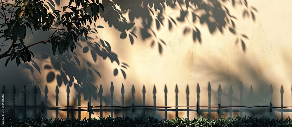 Poster shadows of plants and a fence on the wall abstract background area for text. copy space image. place