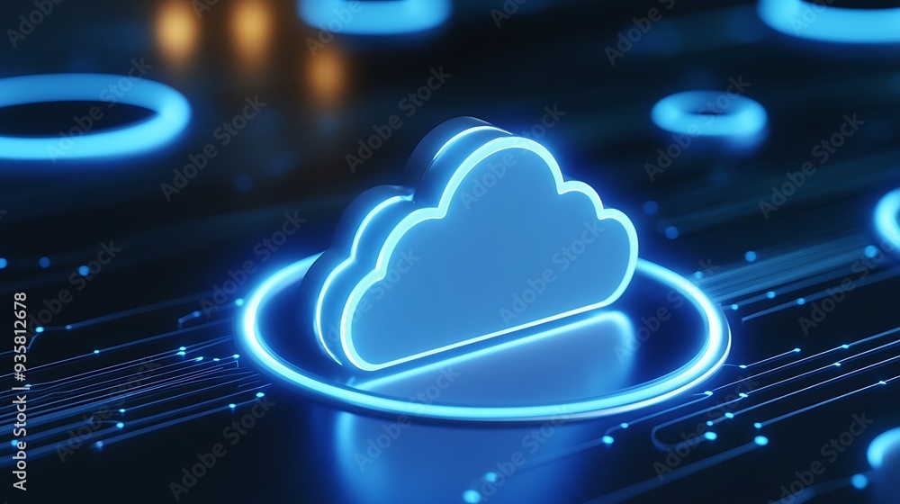 Aufkleber neon blue cloud icon with futuristic glowing circuits representing cloud computing and digital conne