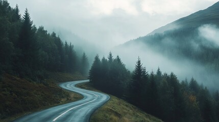 Foggy Winding Mountain Road with Peaks Shrouded in Mist and Dense Forest Along the Path. AI generated illustration