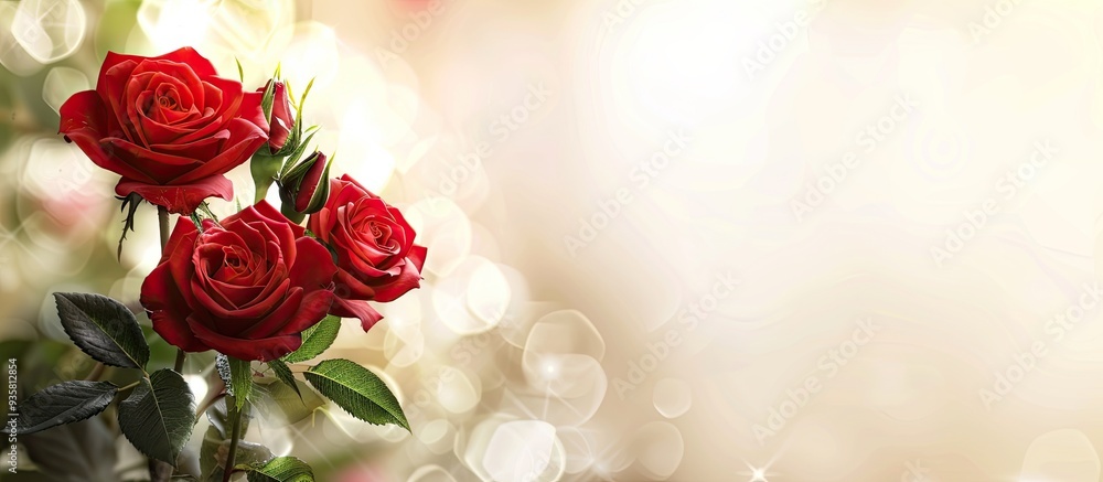 Poster bouquet of red roses set against a blurred background close up. copy space image. place for adding t