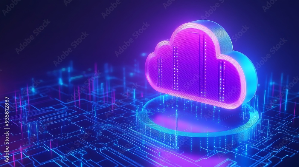 Poster neon cloud computing concept with futuristic technology and data transfer visualization in a digital