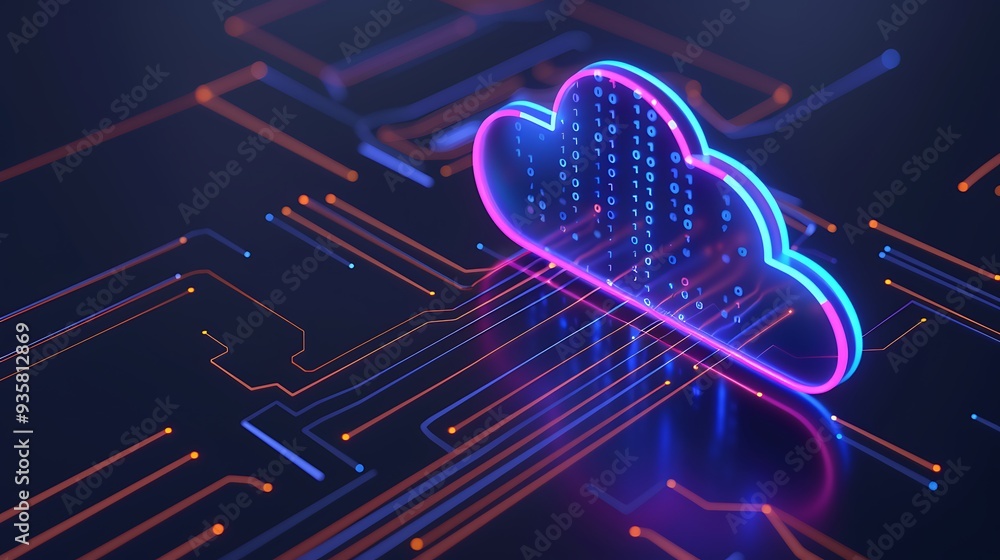Aufkleber neon cloud computing concept with glowing circuit board, representing data storage, technology, and 