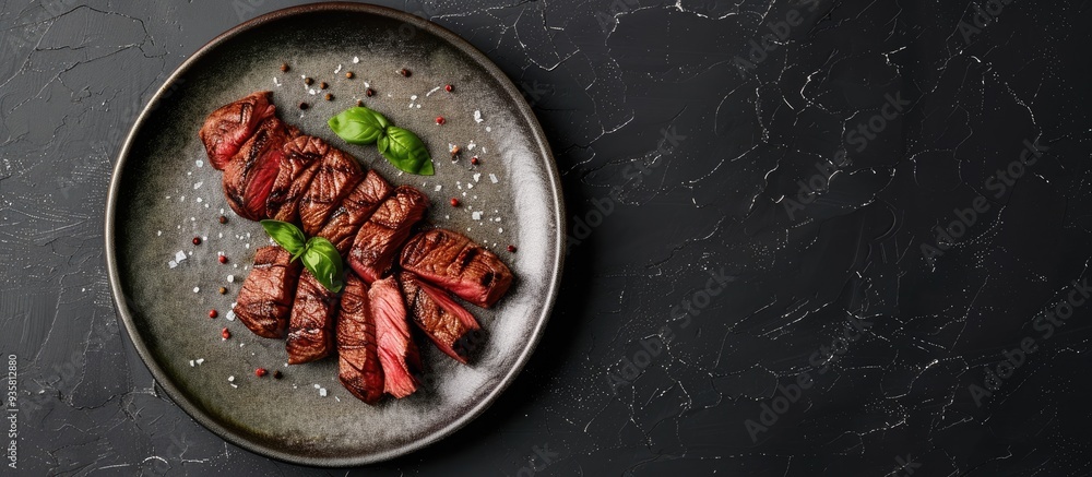 Poster sliced grilled top blade steak on a plate organic beef black background top view. copy space image. 