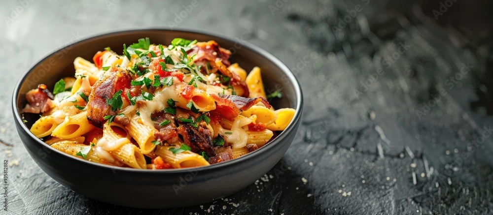 Aufkleber pasta topped with cheese and smoked meat. copy space image. place for adding text and design
