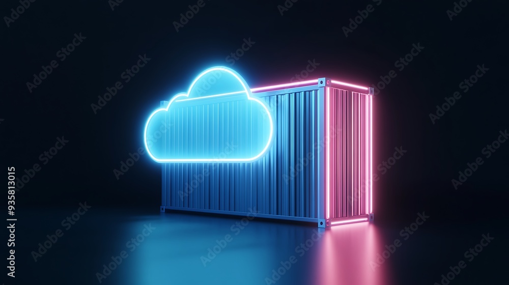 Poster neon cloud container represents cloud computing and data storage technology in a futuristic style wi