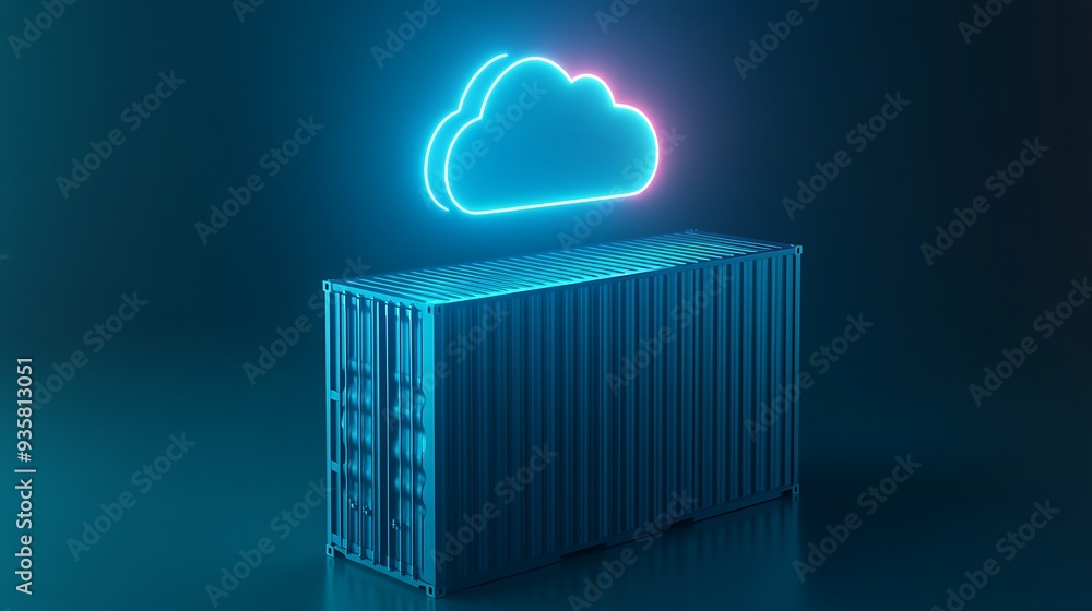 Poster neon cloud icon above cargo container representing cloud computing, digital storage, and modern data
