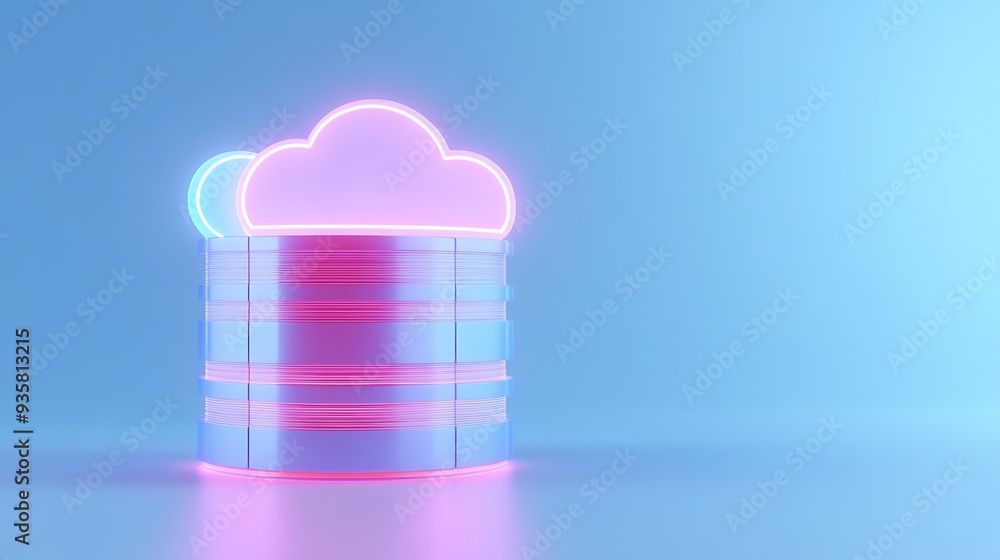 Poster neon cloud icon hovering over a stack of technology disks, symbolizing cloud storage and data manage
