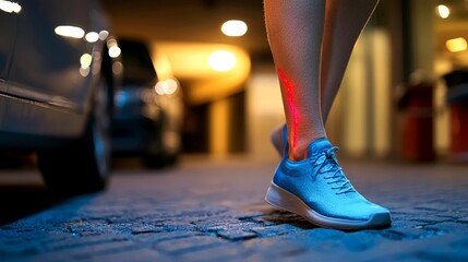 Fototapeta premium Blue Running Shoe with Red Line on Leg