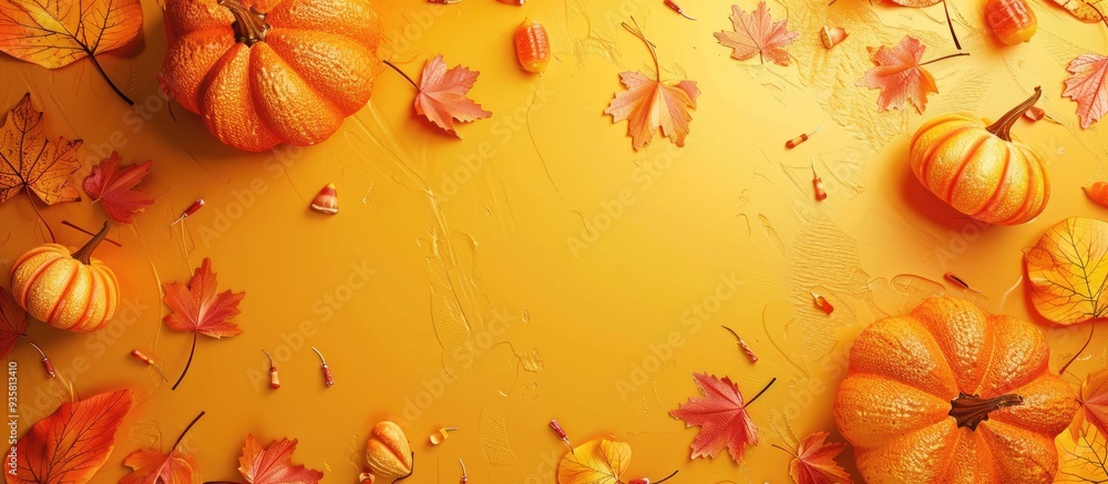 Poster pumpkins and maple leaves set against a yellow background autumn halloween thanksgiving theme flat l