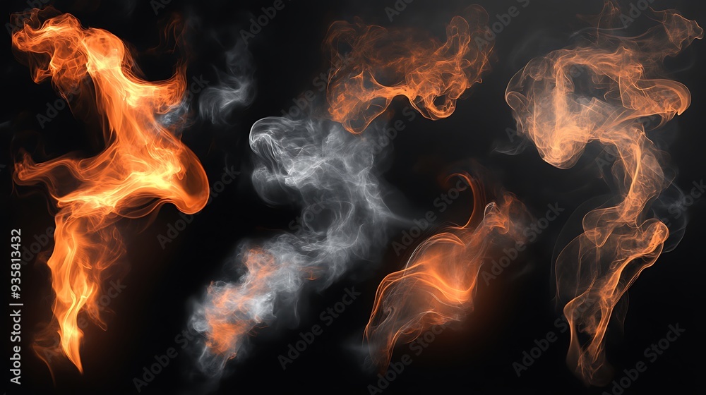 Poster abstract smoke and fire shapes on a black background, creating a dynamic and intense visual that ble