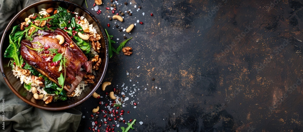Poster roasted pork shoulder served with rice chard and nuts. copy space image. place for adding text and d