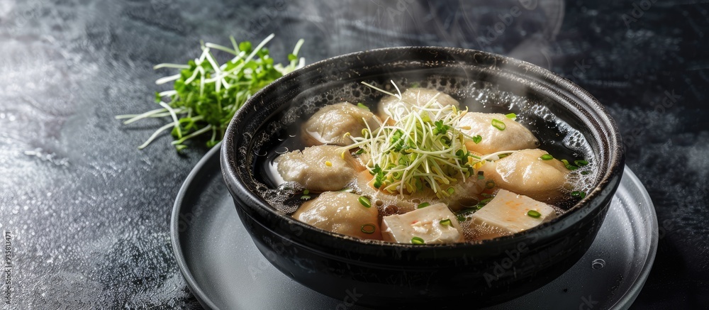 Poster japanese hot pot sardine fish balls and tofu topped with nutritious radish sprouts. copy space image