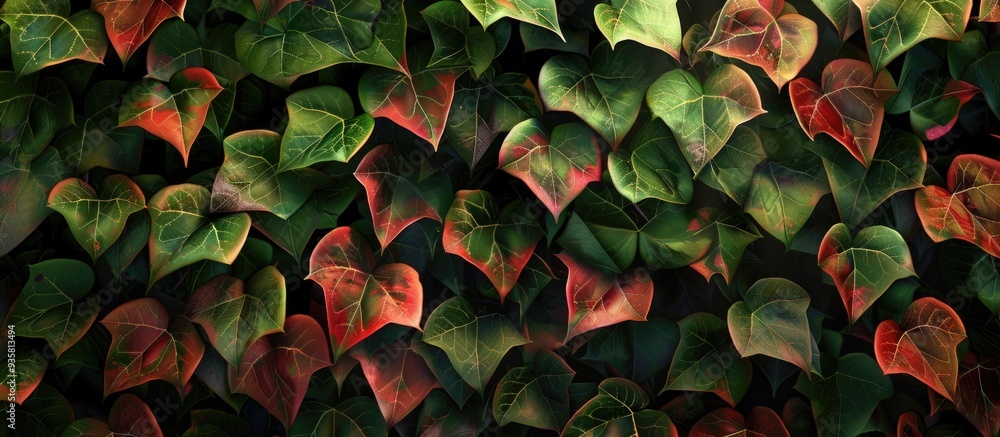 Poster close up of green and red ivy leaves. copy space image. place for adding text and design