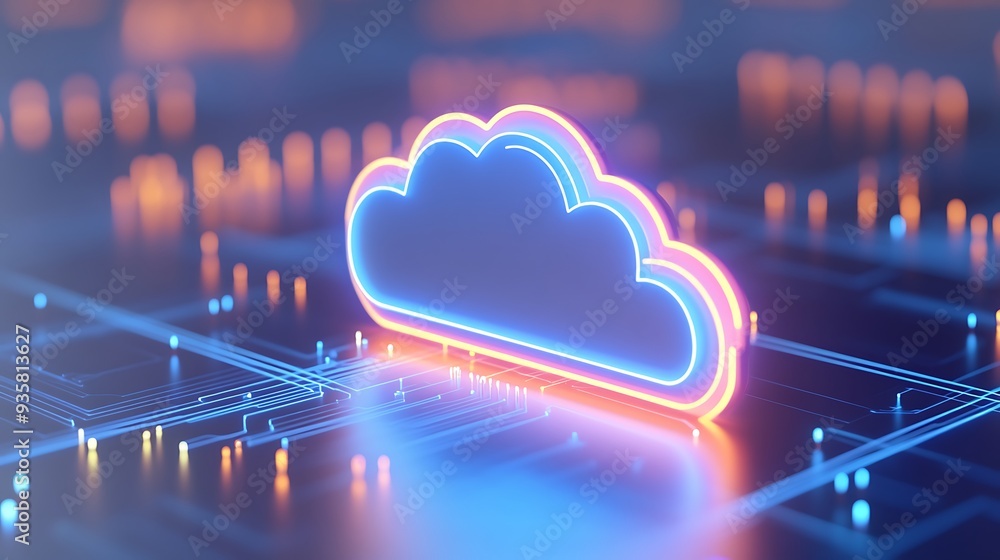Poster neon cloud icon on the digital circuit board, representing cloud computing and technology innovation