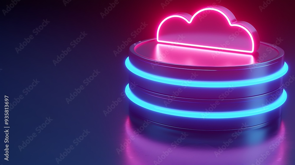 Poster neon cloud server icon glowing in the dark, representing futuristic cloud computing technology and d