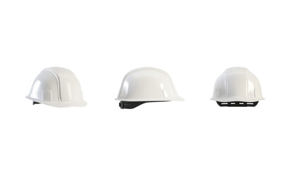 Set of white hard hat isolated on transparent background, 3d render. White helmet cutout for Labour Day concept.