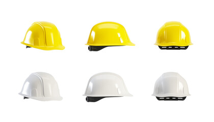 Set of hard hat isolated on transparent background, 3d render. Yellow and white helmet cutout for Labour Day concept.
