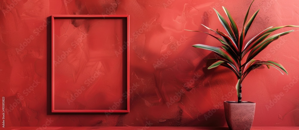 Poster frame set against a red background. copy space image. place for adding text and design