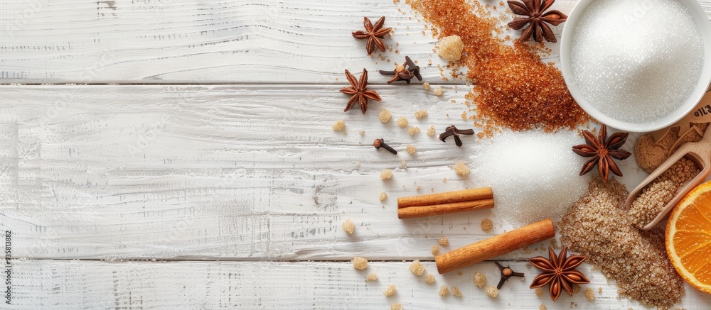 Poster dessert spices and sugar assortment on a white wooden table background. copy space image. place for 