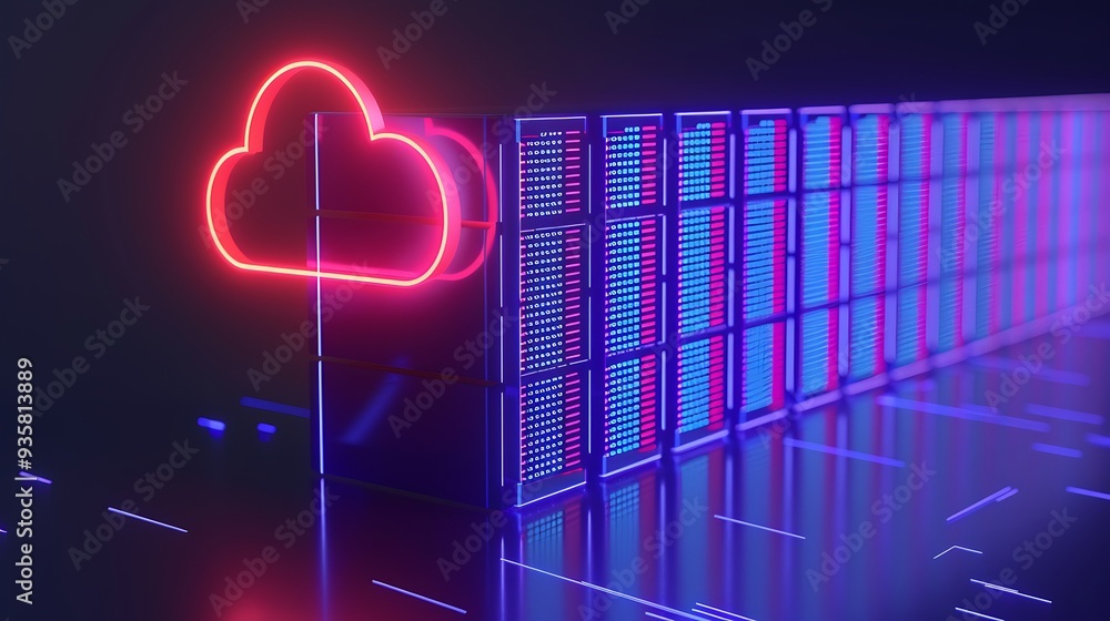 Poster neon cloud symbol above servers in a data center, illustrating cloud computing and modern digital in