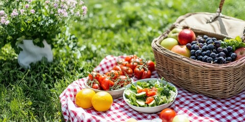 Picnic Basket with Fresh Produce and Salad on a Red and White Checked Blanket