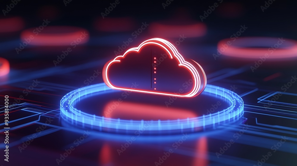 Poster neon cloud technology concept. glowing neon cloud icon with circuits background, representing digita