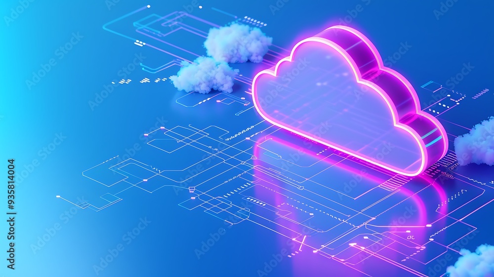 Poster neon cloud symbolizing cloud computing with a futuristic digital network background. ideal for techn