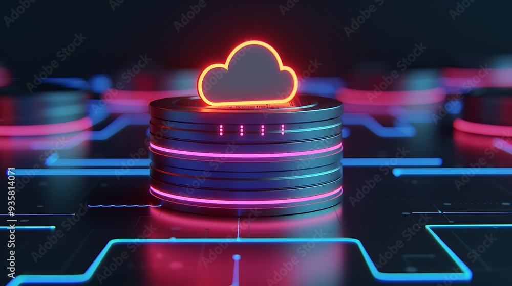 Poster neon cloud technology concept with glowing cloud icon on server stack, representing modern data stor